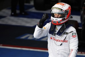 Kevin Magnussen celebrates his podium finish.