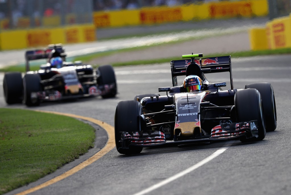 MELBOURNE, AUSTRALIA - MARCH 20: Carlos Sainz of Spain drives the (55) Scuderia Toro Rosso STR11 Ferrari 059/5 turbo on track ahead of Max Verstappen of the Netherlands drives the (33) Scuderia Toro Rosso STR11 Ferrari 059/5 turbo during the Australian Formula One Grand Prix at Albert Park on March 20, 2016 in Melbourne, Australia. (Photo by Clive Mason/Getty Images)
