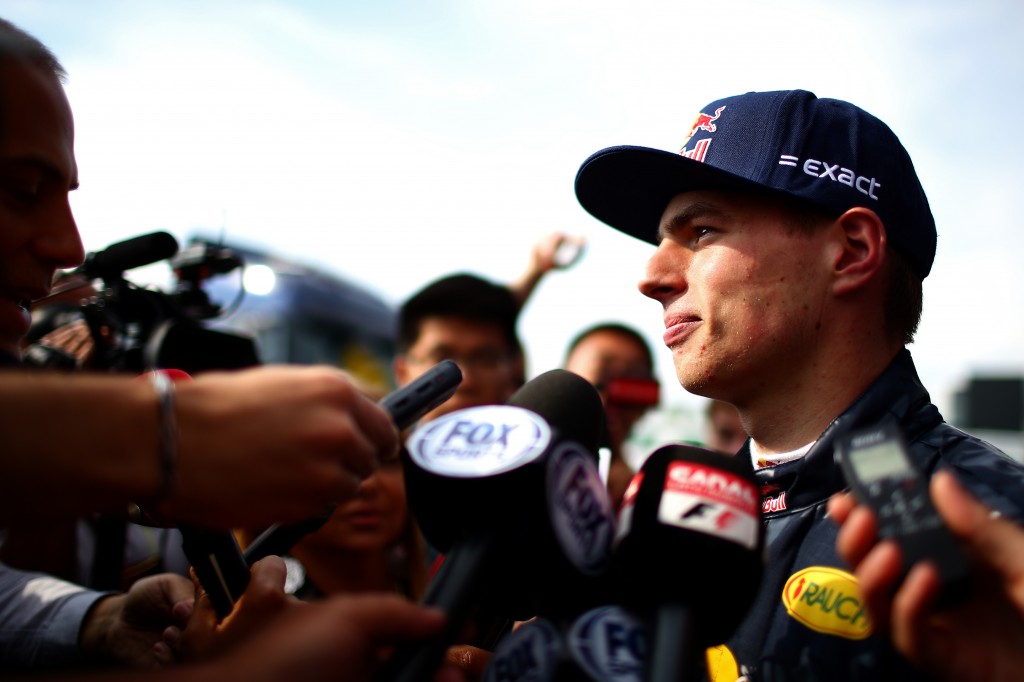 MONTMELO, SPAIN - MAY 18: Max Verstappen of Netherlands and Red Bull Racing speaks with members of the media after day two of formula one testing at Circuit de Catalunya on May 18, 2016 in Montmelo, Spain. (Photo by Dan Istitene/Getty Images)