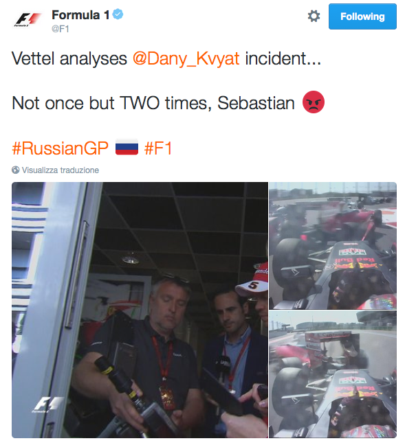 Il tweet di F1 con Vettel che osserva le immagini del doppio tamponamento subito da Kvyat