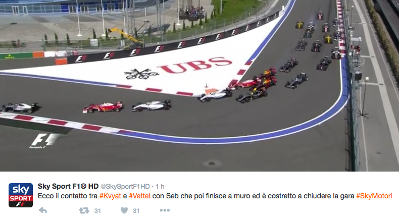 Il tweet di Sky Sport F1 con il primo tamponamento di Kvyat ai danni di Vettel