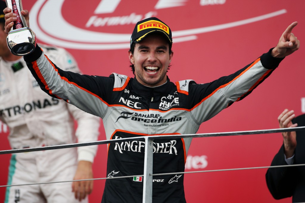 Sergio Perez (MEX) Sahara Force India F1 celebrates his third position on the podium. European Grand Prix, Sunday 19th June 2016. Baku City Circuit, Azerbaijan.