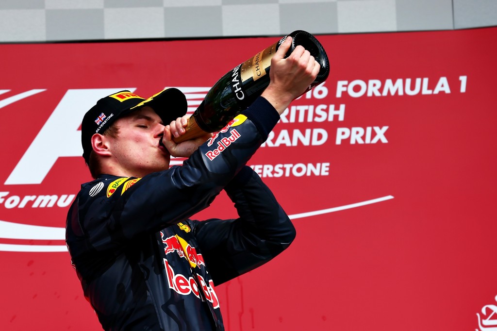ORTHAMPTON, ENGLAND - JULY 10: Max Verstappen of Netherlands and Red Bull Racing celebrates on the podium during the Formula One Grand Prix of Great Britain at Silverstone on July 10, 2016 in Northampton, England. (Photo by Getty Images/Getty Images)