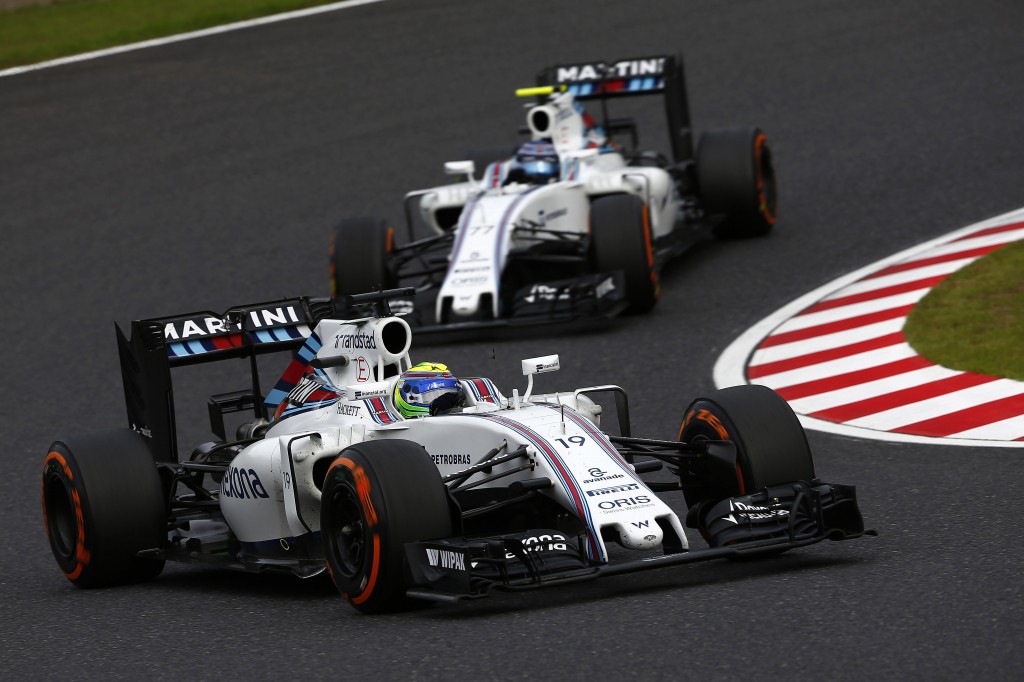 Sepang International Circuit, Sepang, Malaysia. Sunday 9 October 2016. Felipe Massa, Williams FW38 Mercedes, leads Valtteri Bottas, Williams FW38 Mercedes. Photo: Andrew Hone/Williams