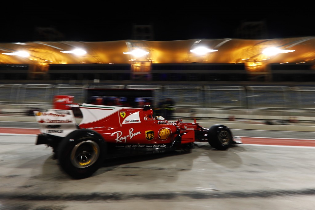 Bahrain International Circuit, Sakhir, Bahrain. Tuesday 18 April 2017. Sebastian Vettel, Ferrari SF70H, leaves the pits. World Copyright: Glenn Dunbar/LAT Images